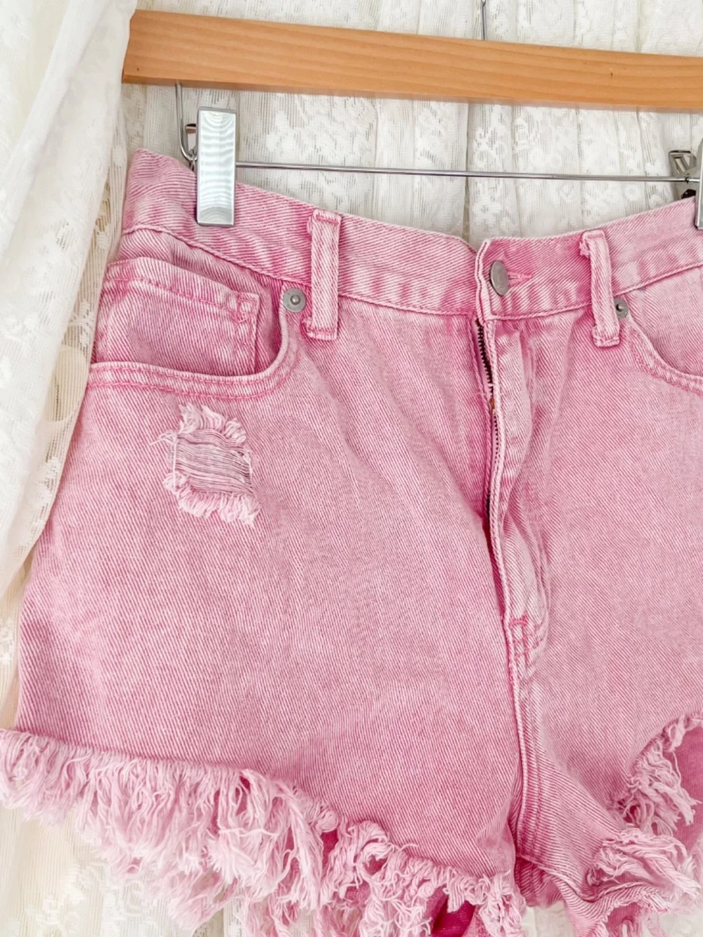 Pink Distressed Fringe Denim Cutoff Shorts